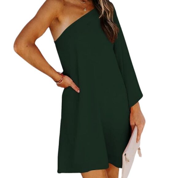 Women's One Shoulder Batwing Sleeve Asymmetric Hem Mini Dress Size M NWT - Picture 3 of 9